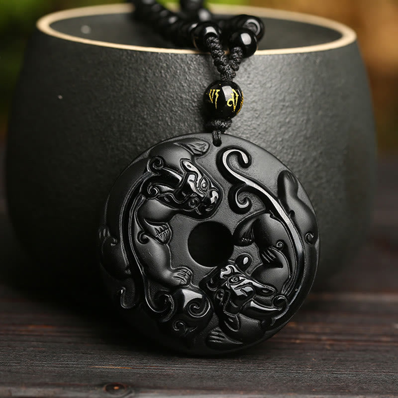 Wear FengShui Natural Black Obsidian Peace Buckle Pixiu Bead Rope Strength Necklace Pendant