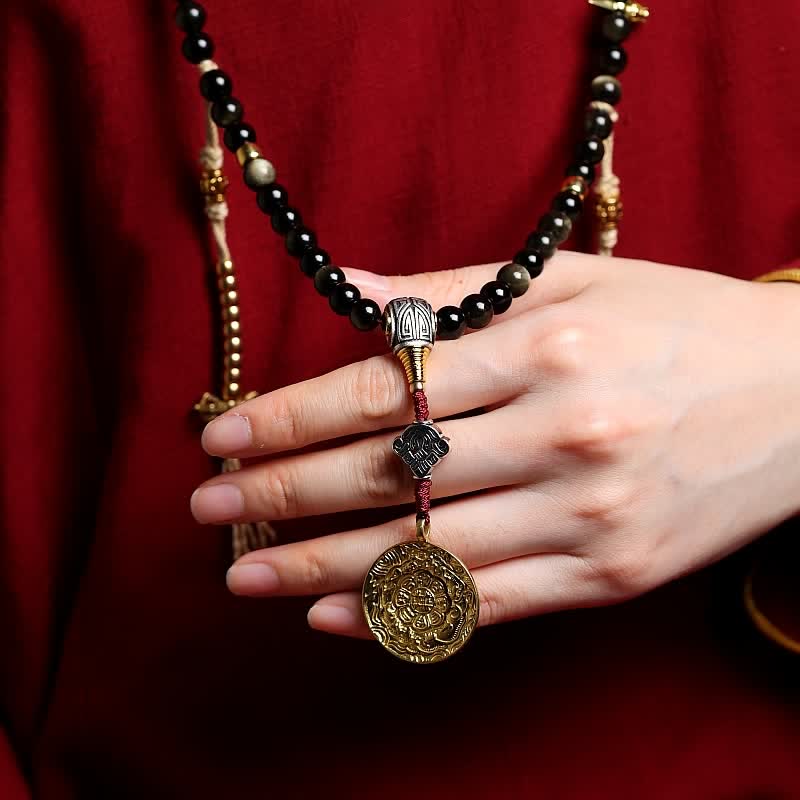Wear FengShui 108 Mala Beads Gold Sheen Obsidian Tiger Eye Eagle's Eye Stone Wealth Bracelet