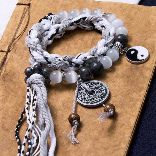 Wear FengShui Black Glitter Stone Cat's Eye Yin Yang Mountain Ghosts Spend Money Power Double Layer Rope Bracelet