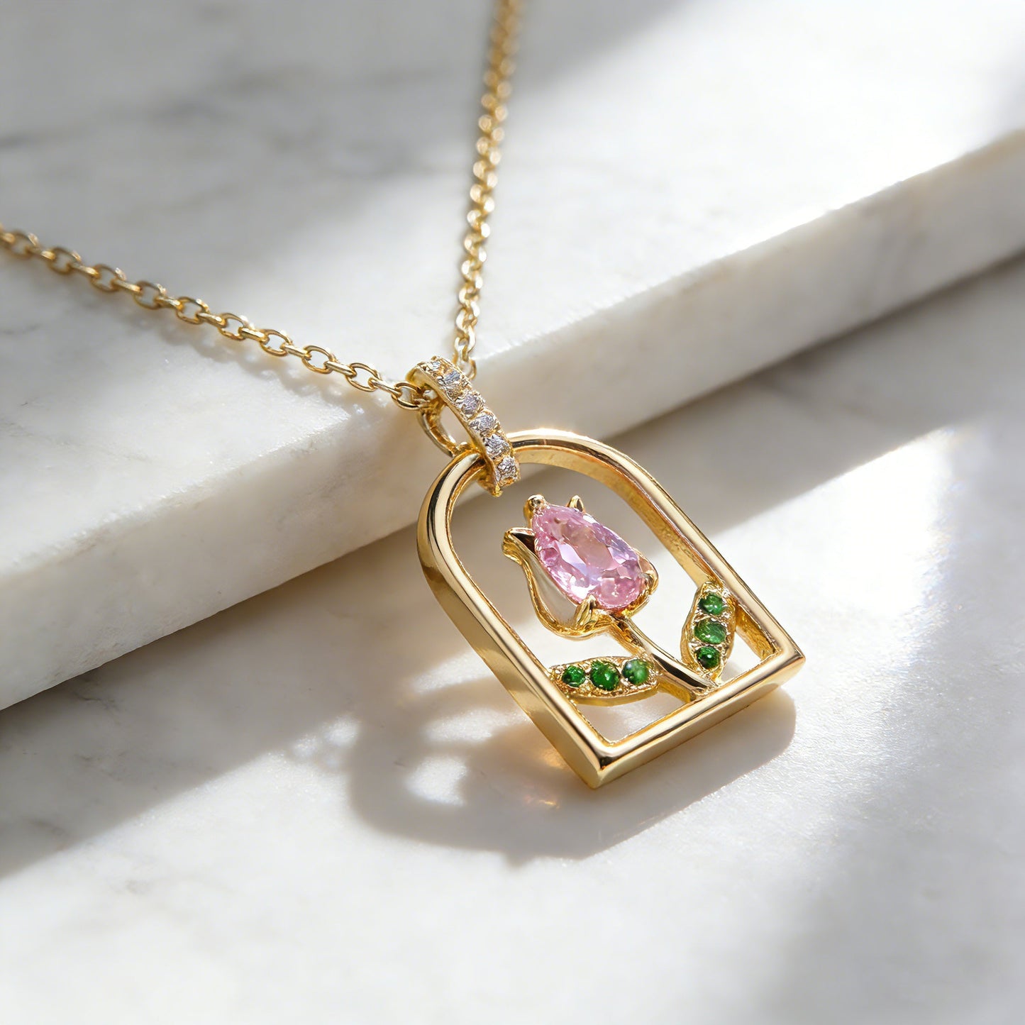 Pink Tulip Pendant Necklace for Women | Gold-Plated Crystal Charm with Thin Delicate Chain