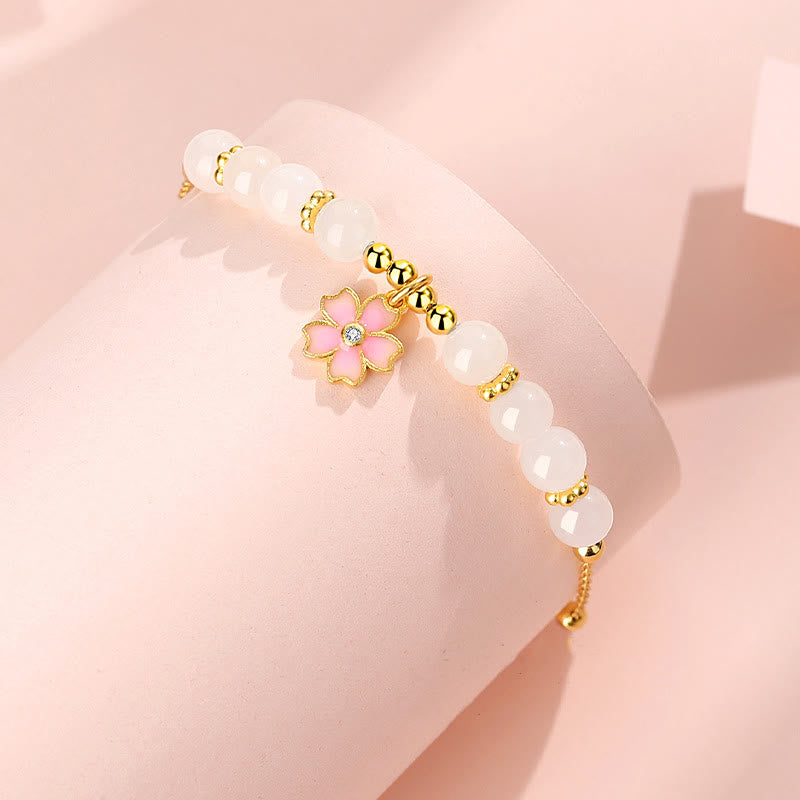 Wear FengShui 925 Sterling Silver Hetian White Jade Cherry Blossom Protection Bracelet
