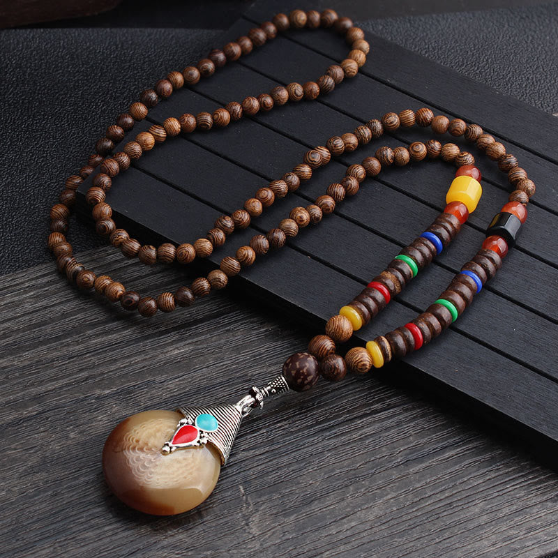 Wear FengShui Tibetan Wenge Wood Bodhi Seed Agate Balance Peace Necklace Pendant