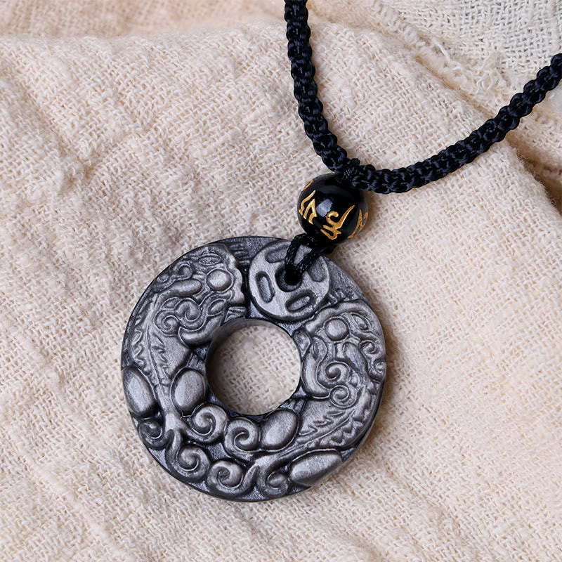 Wear FengShui Natural Silver Sheen Obsidian Double PiXiu Copper Coin Peace Buckle Protection Necklace Pendant