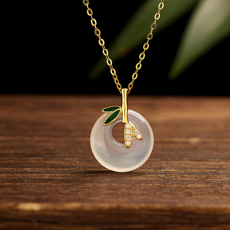 Wear FengShui 925 Sterling Silver Natural Chalcedony Bamboo Leaf Peace Buckle Positive Necklace Pendant