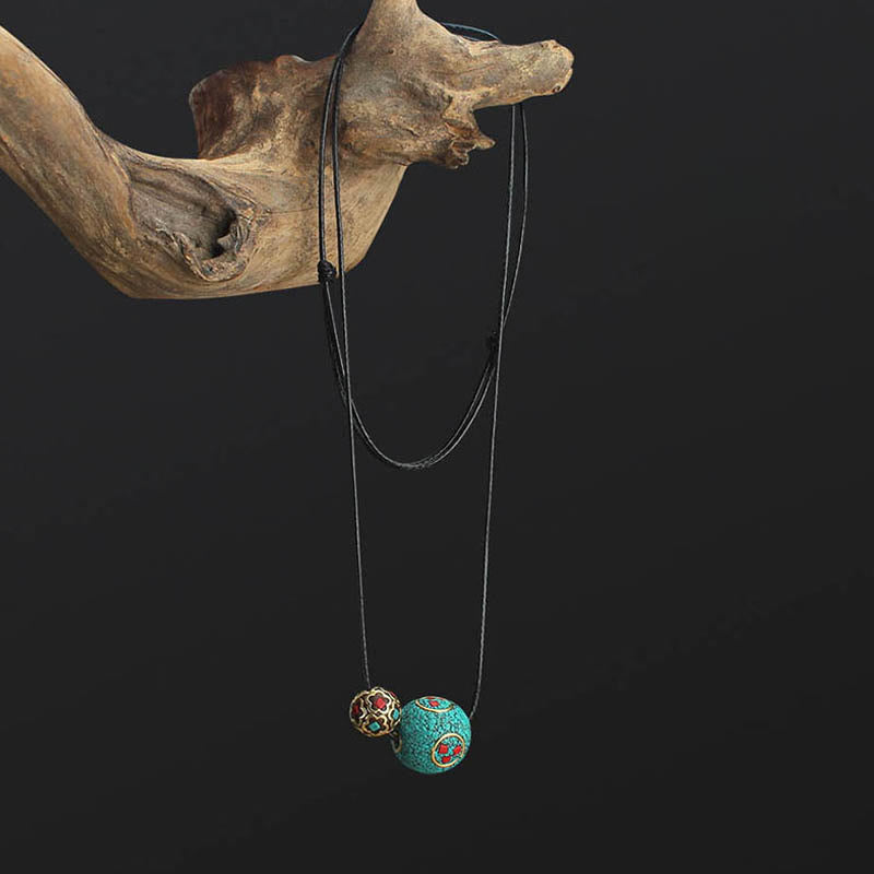 Wear FengShui Tibetan Turquoise Double Bead Protection Strength Necklace Pendant