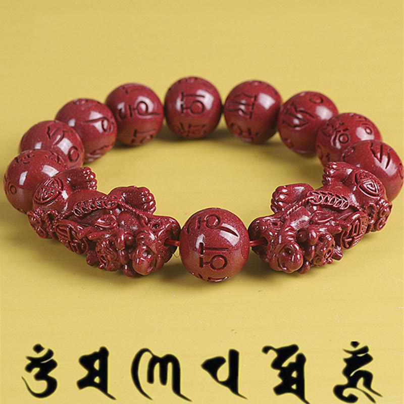 Wear FengShui Natural Double PiXiu Cinnabar Om Mani Padme Hum Wealth Luck Bead Bracelet