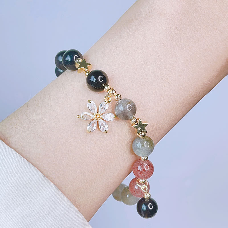 Wear FengShui Natural Silver Sheen Obsidian Love Heart Star Flower Protection Bracelet