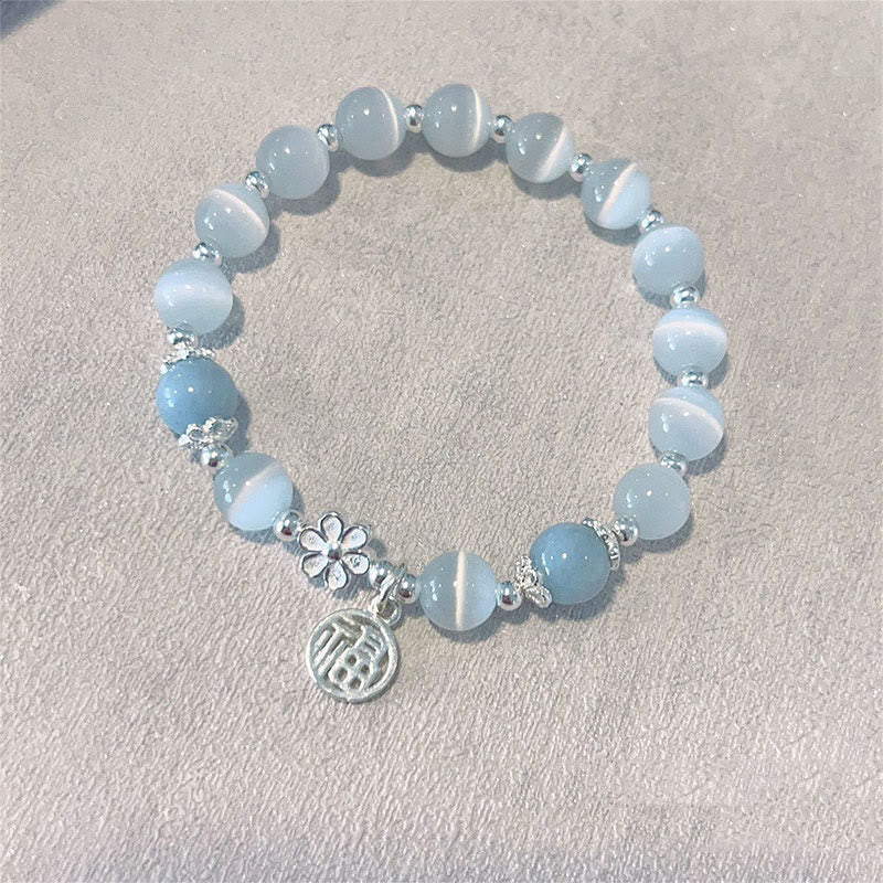 Wear FengShui Cat's Eye Crystal Peach Blossom Bell Fu Character Charm Support Bracelet
