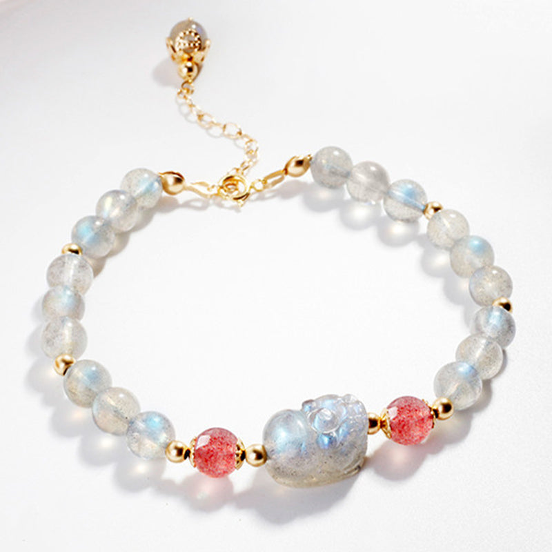 Wear FengShui Moonstone Strawberry Quartz PiXiu Healing Bracelet