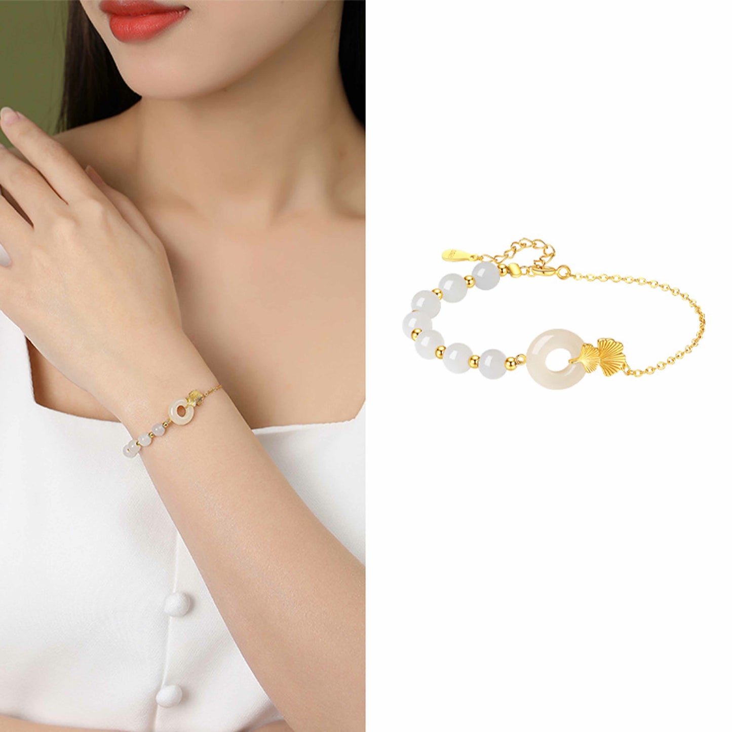 Wear FengShui 925 Sterling Silver Hetian White Jade Peace Buckle Ginkgo Leaf Luck Bracelet
