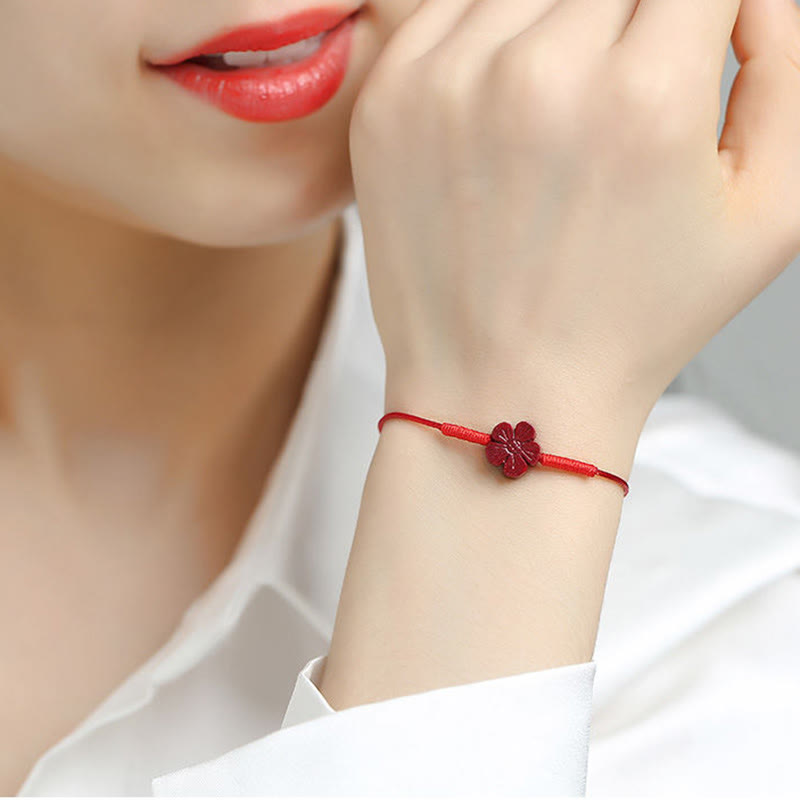 Wear FengShui Handmade Plum Blossom Four Leaf Clover PiXiu Lotus Koi Fish Cinnabar Blessing Braid Bracelet