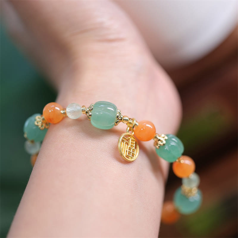Wear FengShui Natural Golden Silk Jade Pumpkin Bead Fu Character Charm Wealth Bracelet