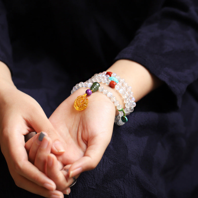 Wear FengShui 108 Mala Beads Moonstone Amber Lotus Turquoise Crystal Healing Bracelet