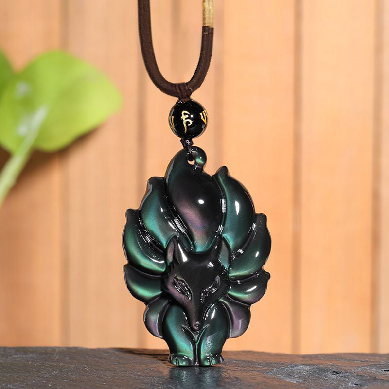 Wear FengShui Natural Rainbow Obsidian Gold Sheen Obsidian Nine Tailed Fox Positive Necklace Pendant