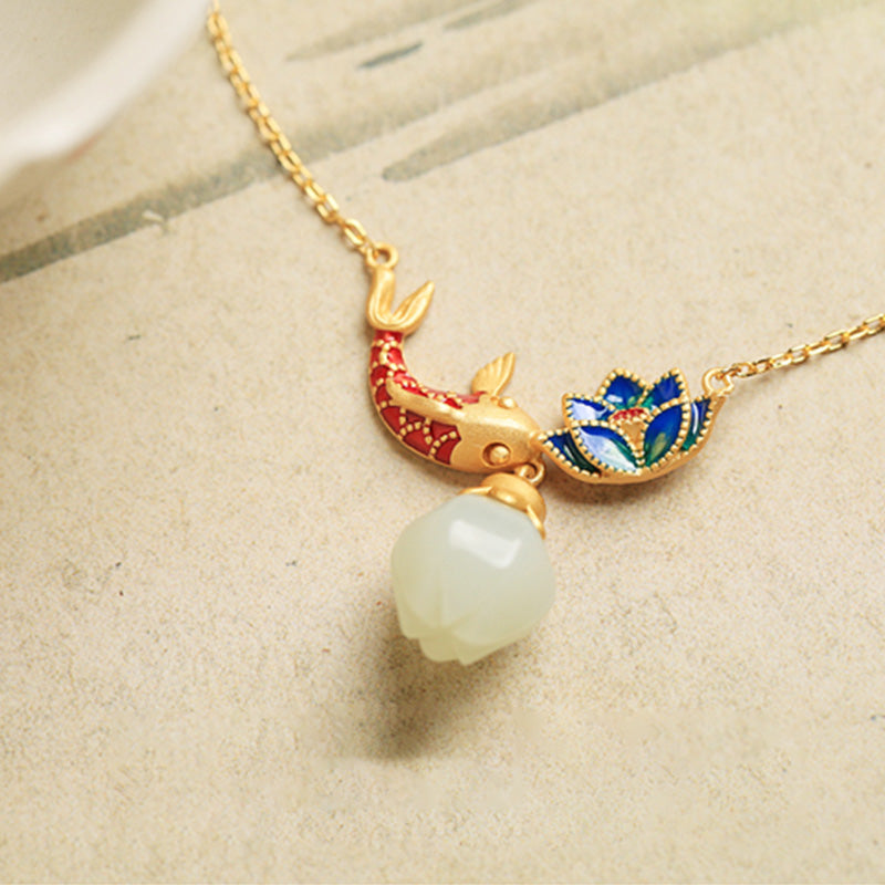 Wear FengShui White Jade Koi Fish Lotus Copper Protection Necklace Pendant