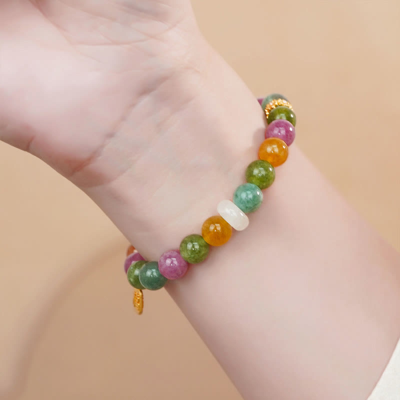 Wear FengShui Colorful Tourmaline Chalcedony Positive Fu Character Charm Bracelet