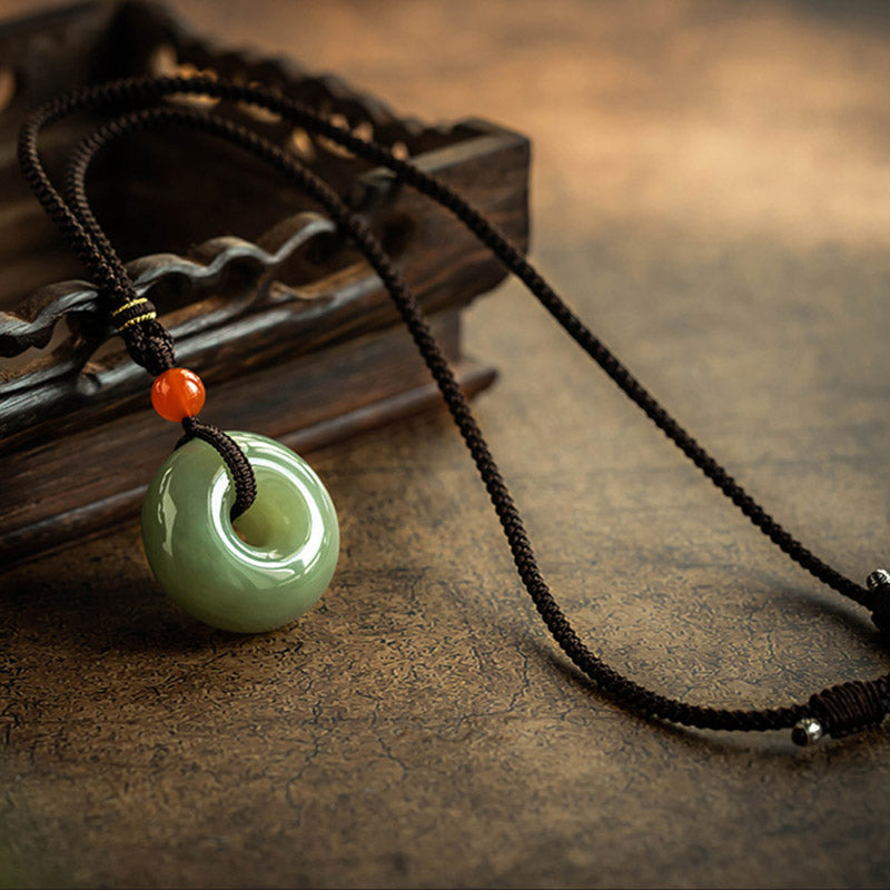 Wear FengShui Natural Round Jade Gray Jade Peace Buckle Luck Necklace Pendant