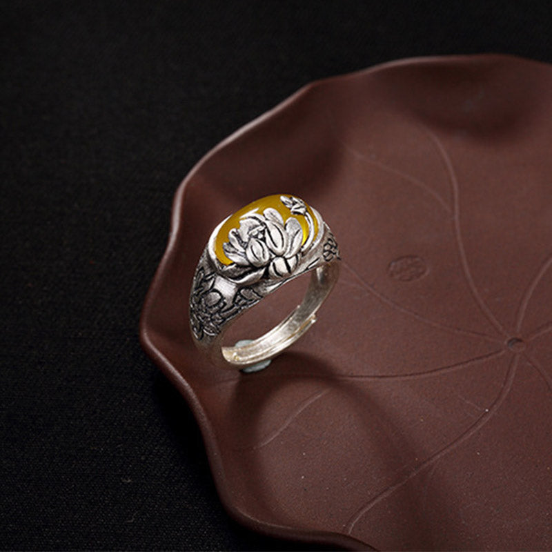 Wear FengShui Citrine Lotus Blessing Protection Adjustable Ring