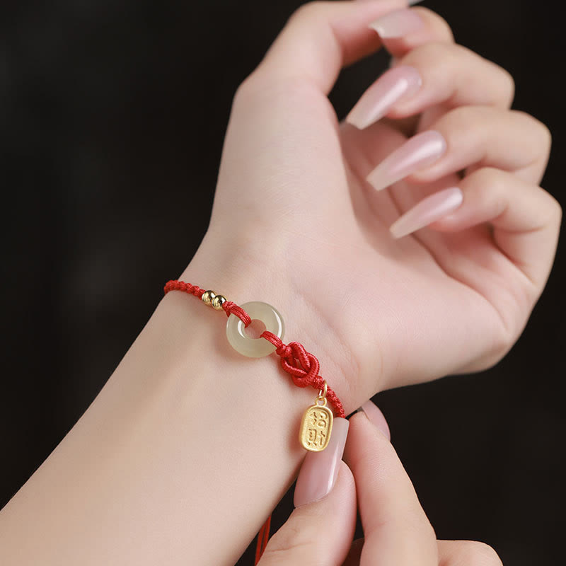 Wear FengShui Hetian Jade Peace Buckle Fu Character String Luck Bracelet