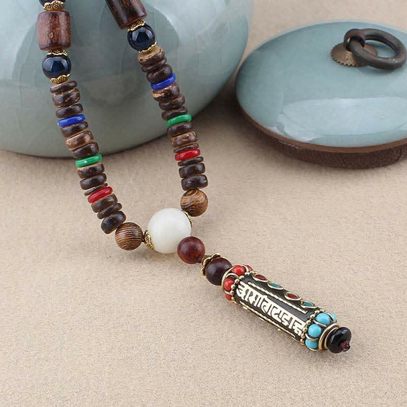 Wear FengShui Tibetan Om Mani Padme Hum Dzi Bead Wenge Wood Necklace Pendant