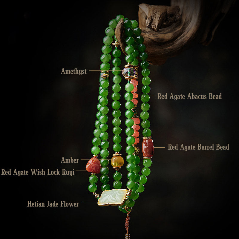 Wear FengShui 108 Mala Beads Cyan Jade Red Agate Laughing Buddha Luck Bracelet