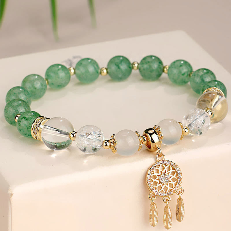 Wear FengShui Green Strawberry Quartz Amethyst Crystal Dreamcatcher Healing Bracelet
