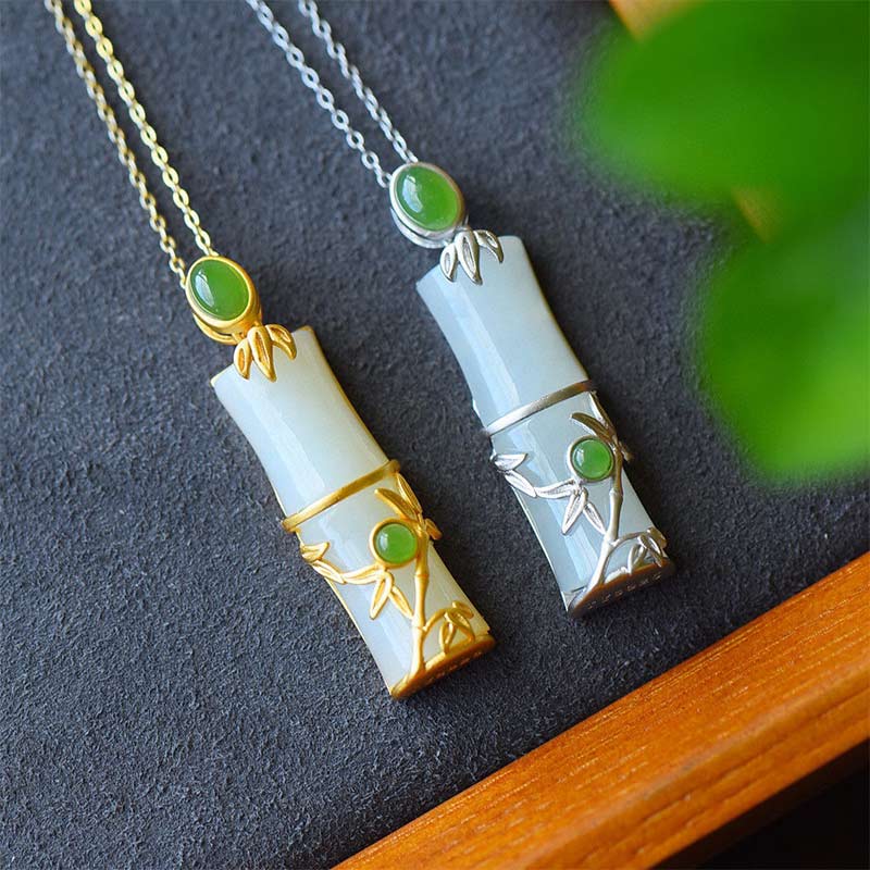 Wear FengShui White Jade Cyan Jade Bamboo Protection Necklace Pendant