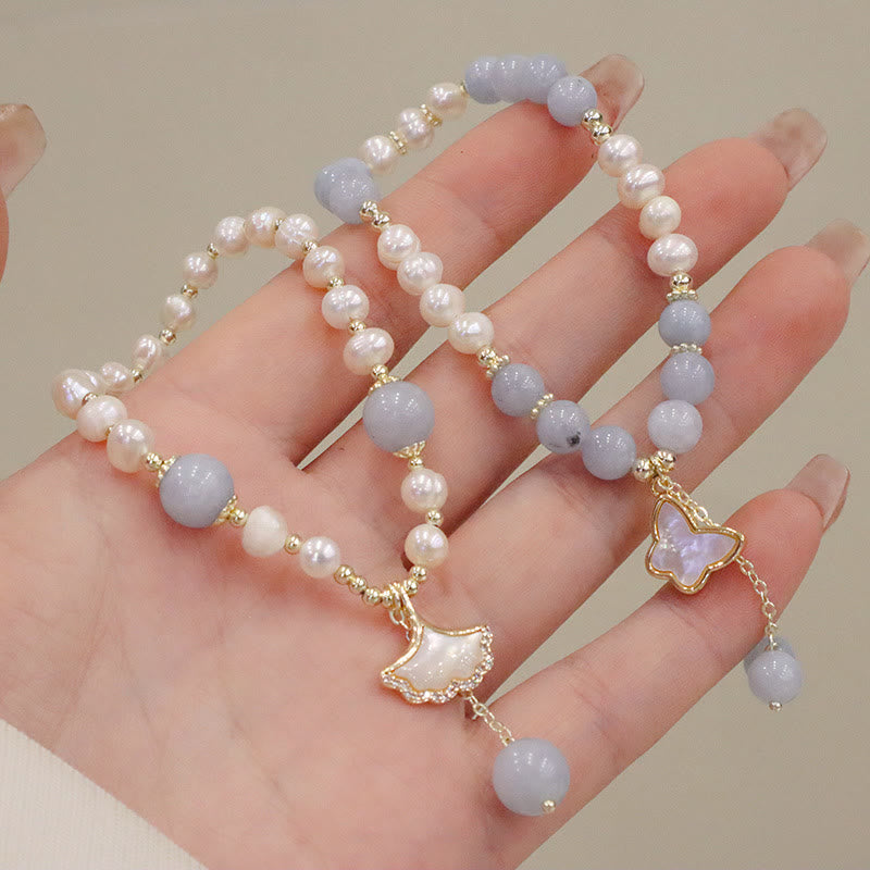Wear FengShui Natural Aquamarine Pearl Healing Ginkgo Leaf Butterfly Charm Bracelet