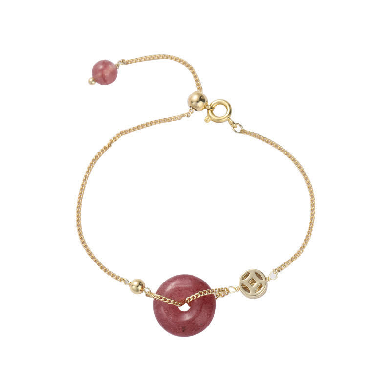 Wear FengShui Strawberry Quartz Peace Buckle Coin Love Bracelet