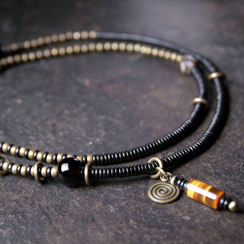 Wear FengShui Ebony Wood Dzi Bead Copper Peace Couple Bracelet Necklace Pendant