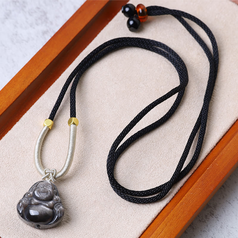 Wear FengShui Natural Silver Sheen Obsidian Laughing Buddha Protection Necklace Pendant