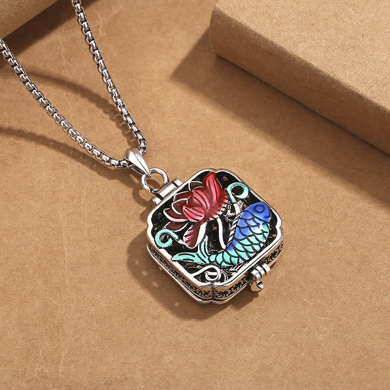 Wear FengShui Koi Fish Lotus Copper Coins Luck Ghau Prayer Box Necklace Pendant