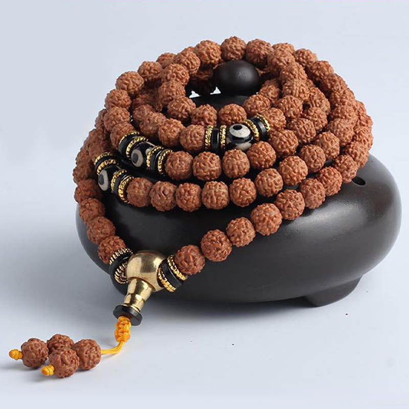 Wear FengShui 108 Mala Beads Rudraksha Bodhi Seed Dzi Bead Luck Wealth Bracelet