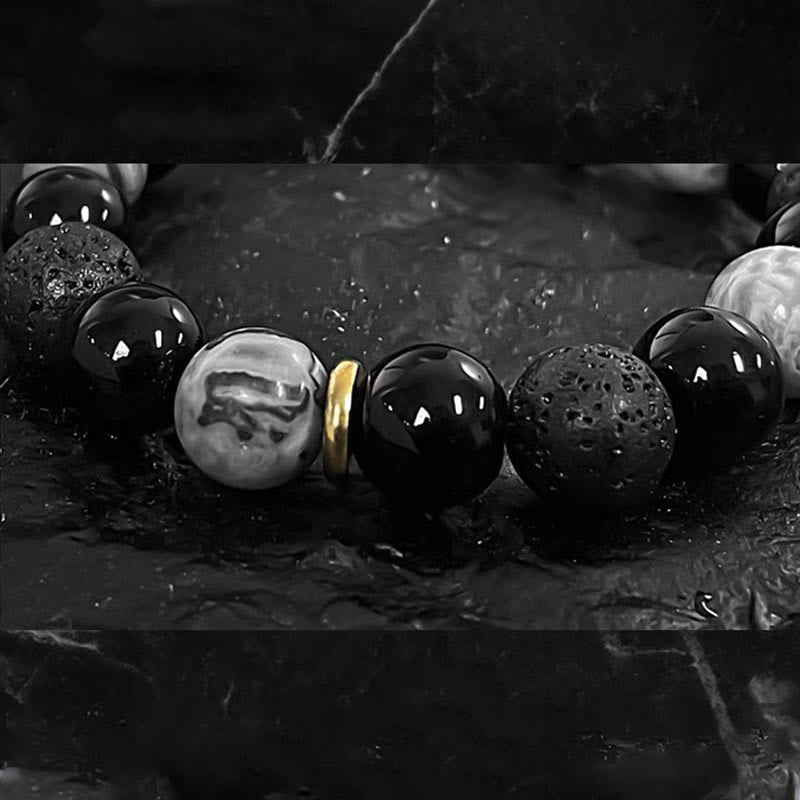 Wear FengShui Black Obsidian Lava Rock Stone Yin Yang Strength Bracelet