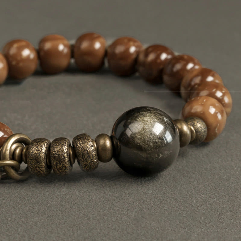 Wear FengShui Kuka Seed Tiger Eye Gold Sheen Obsidian Brass Copper Wealth Luck Bracelet