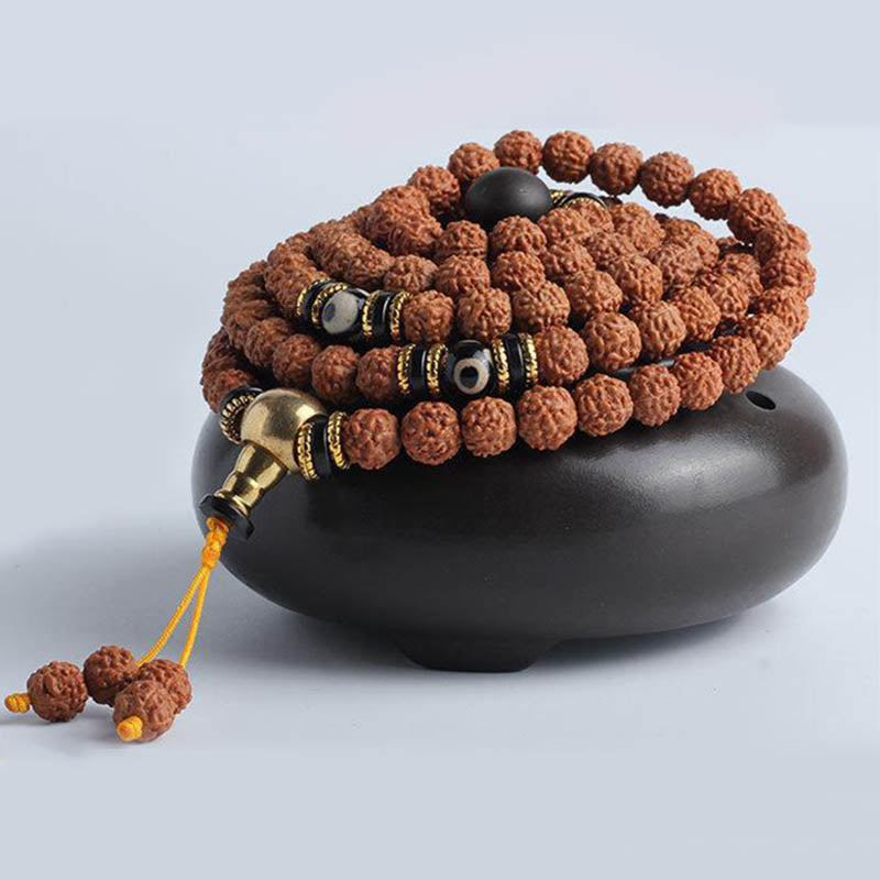 Wear FengShui 108 Mala Beads Rudraksha Bodhi Seed Dzi Bead Luck Wealth Bracelet