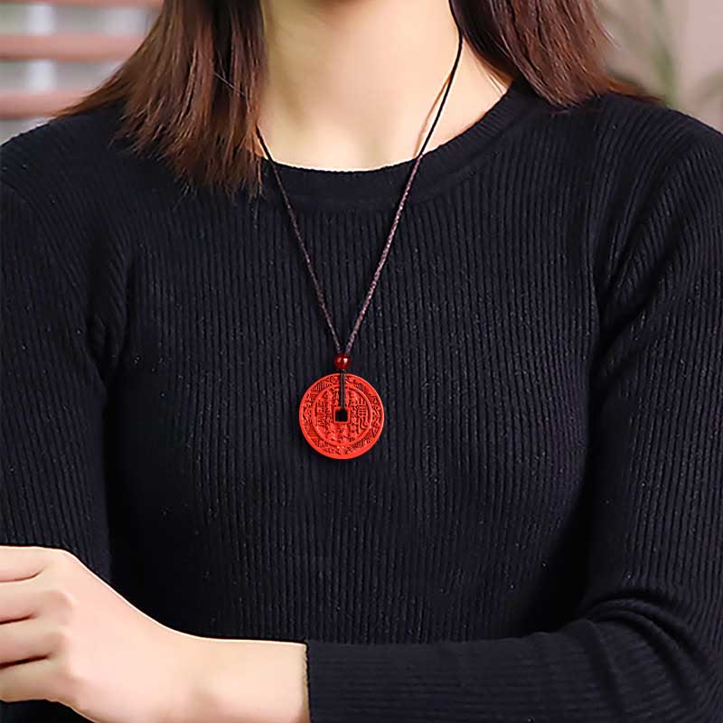 Wear FengShui Natural Cinnabar Mountain Ghosts Spend Money Bagua Design Blessing Necklace Pendant