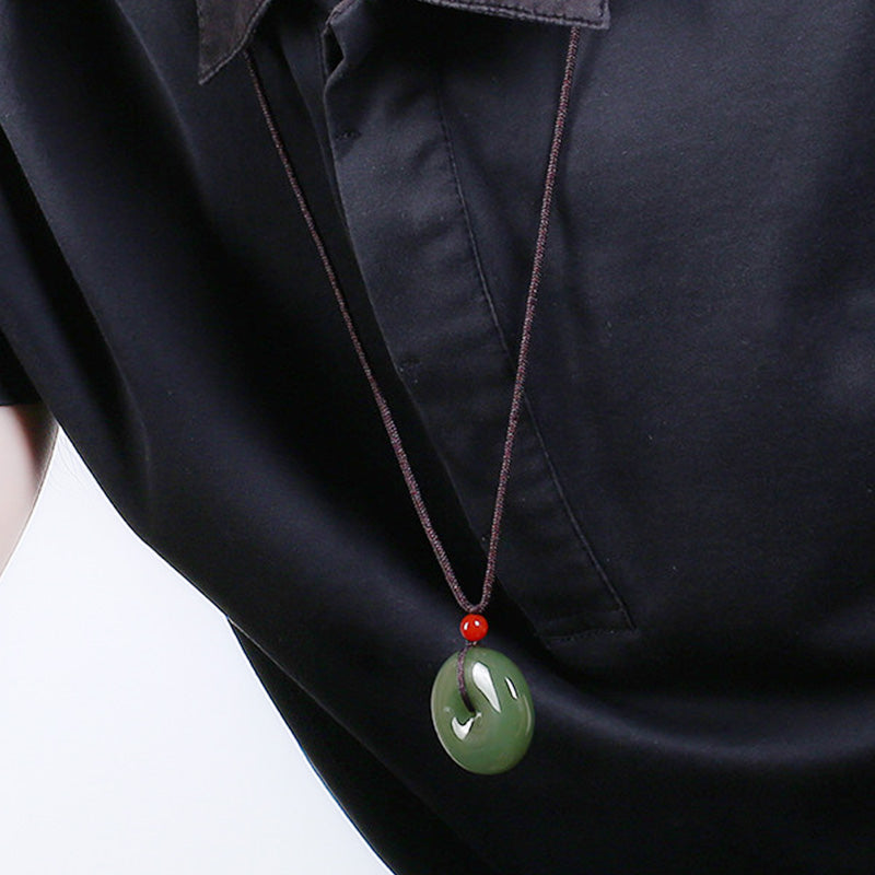 Wear FengShui Natural Round Jade Peace Buckle Prosperity Necklace String Pendant