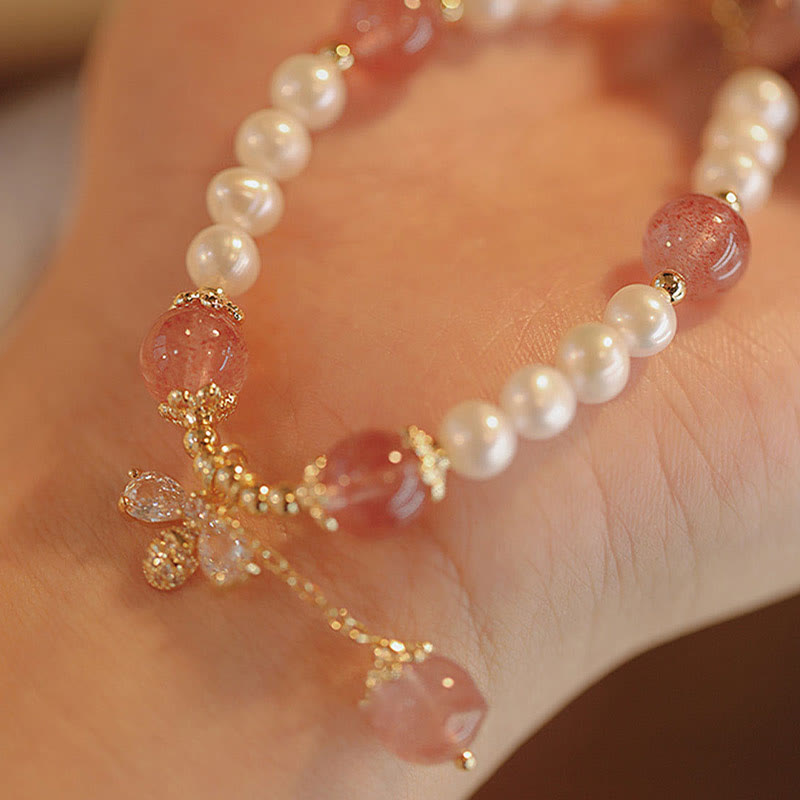 Wear FengShui Natural Pearl Strawberry Quartz Healing Cute Honey Bee Charm Bracelet