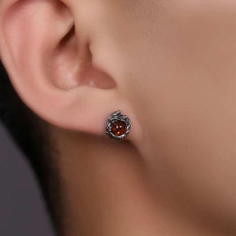 Wear FengShui 925 Sterling Silver Natural Amber Dragon Success Protection Stud Earring