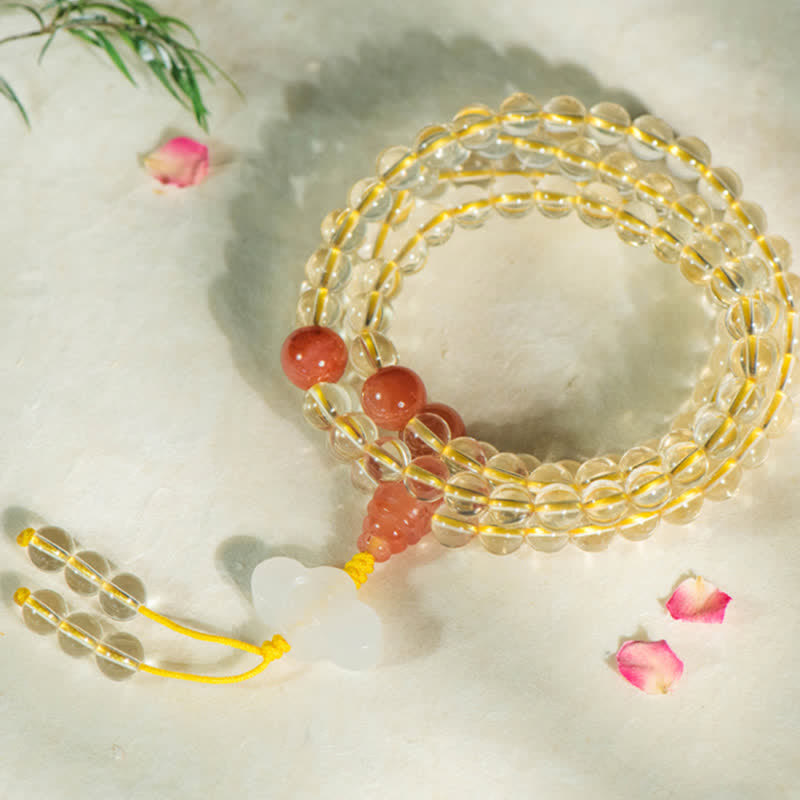 Wear FengShui 108 Mala Beads 925 Sterling Silver Natural Citrine Red Agate White Jade Prosperity Charm Bracelet