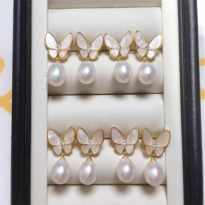 Wear FengShui 925 Sterling Silver Posts 18K Gold Plated Copper Pearl Butterfly Optimism Stud Earrings