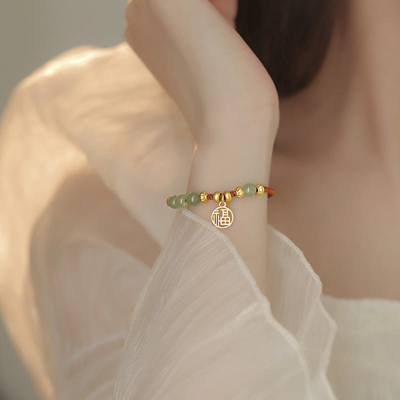 Wear FengShui Jade Beads Fu Character Blessing Rope Bracelet