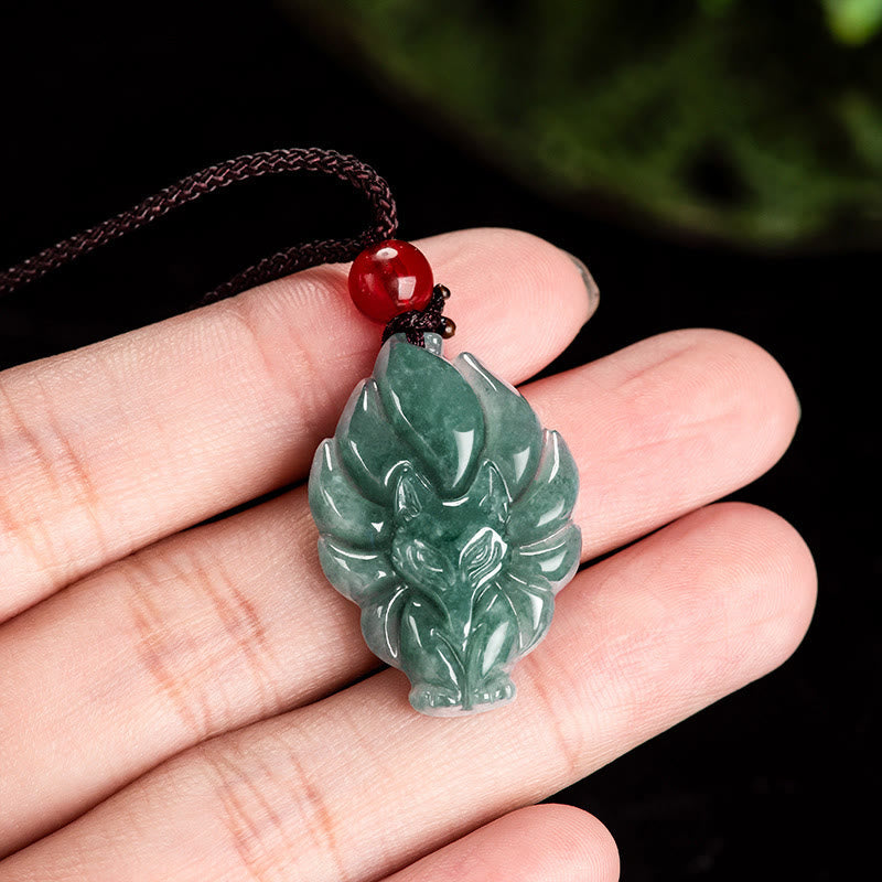 Wear FengShui Natural Green Jade Nine Tailed Fox Luck Necklace Pendant