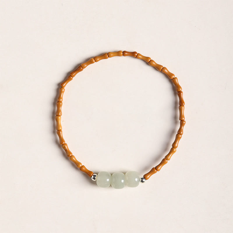 Wear FengShui Natural Olive Pit Bamboo Pattern Hetian Jade Beads Luck Bracelet