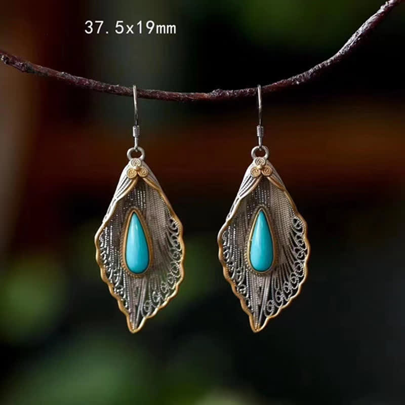 Wear FengShui 925 Sterling Silver Turquoise Bodhi Leaf Pattern Protection Drop Dangle Earrings