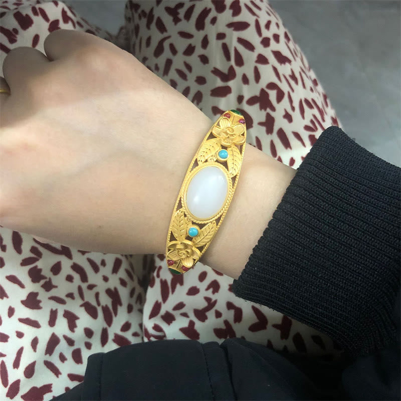 Wear FengShui Cyan Jade White Jade Flower Leaf Harmony Luck Bracelet Bangle