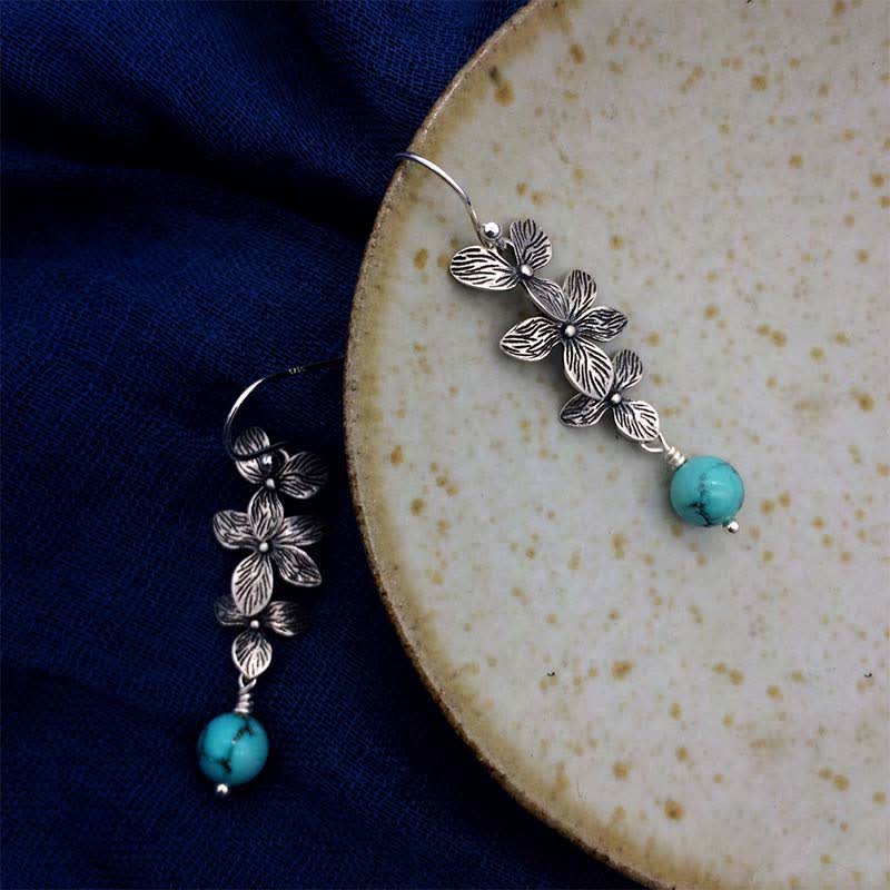 Wear FengShui 925 Sterling Silver Turquoise Lazurite Flower Leaf Serenity Protection Hook Drop Dangle Earrings