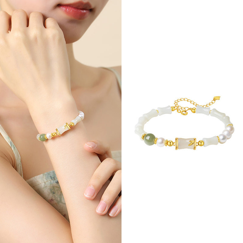 Wear FengShui 925 Sterling Silver Natural Hetian White Jade Bamboo Luck Blessing Bracelet