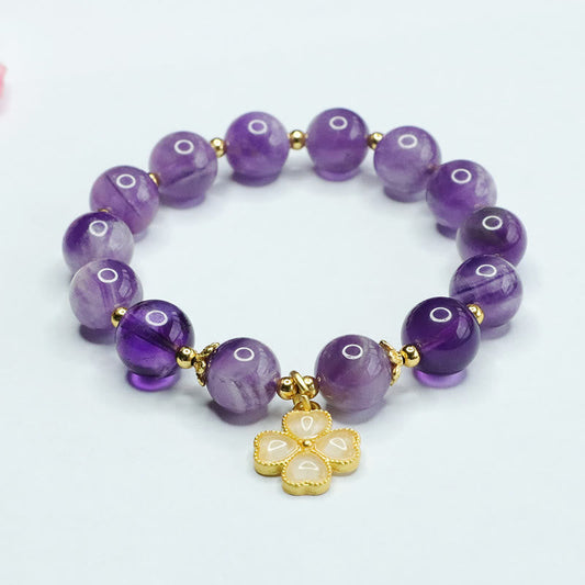 Wear FengShui Natural Amethyst Crystal Inner Peace Four Leaf Clover Charm Bracelet